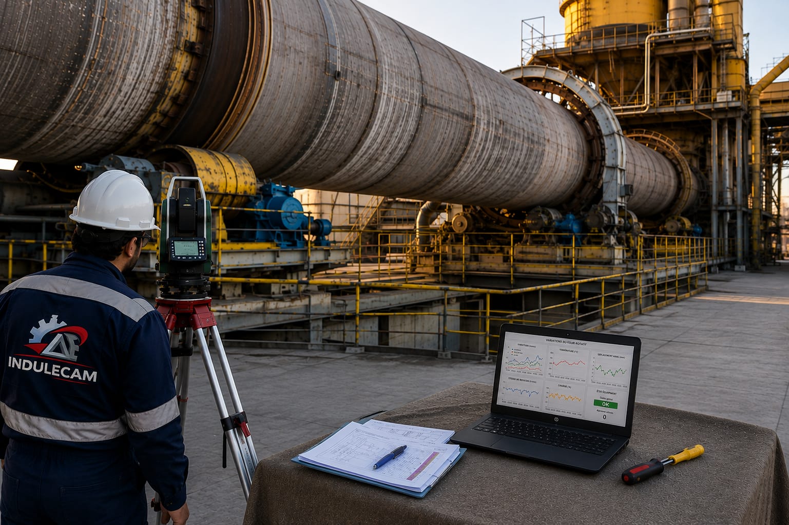 Technicien INDULECAM réalisant un contrôle sur un four rotatif